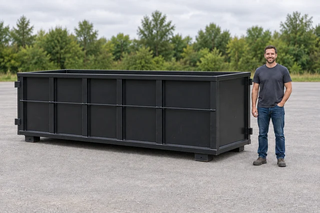 AI illustration of a long standard bin with an adult for approximate scale