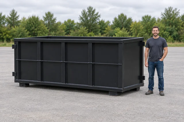 AI illustration of a standard bin with an adult for approximate scale