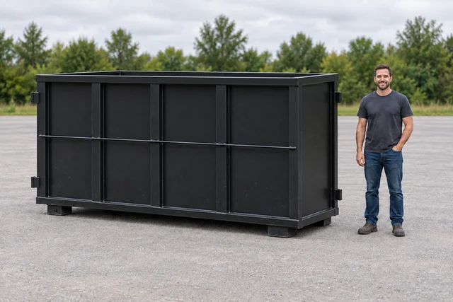 AI illustration of a tall & narrow bin with an adult for approximate scale