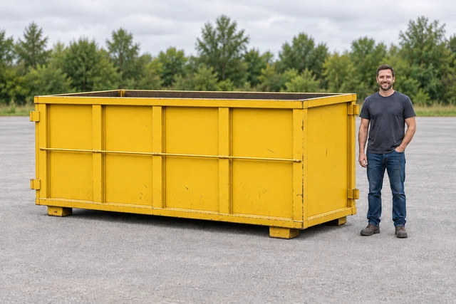 AI illustration of a yellow bin with an adult for approximate scale
