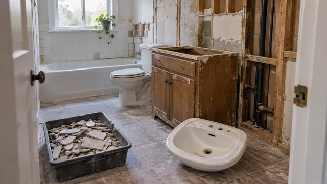 AI illustration of an old vanity, detached basin and tile debris in a bathroom renovation