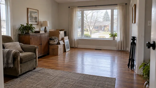 AI illustration of a room being decluttered before listing photography, with worn furniture and a tripod