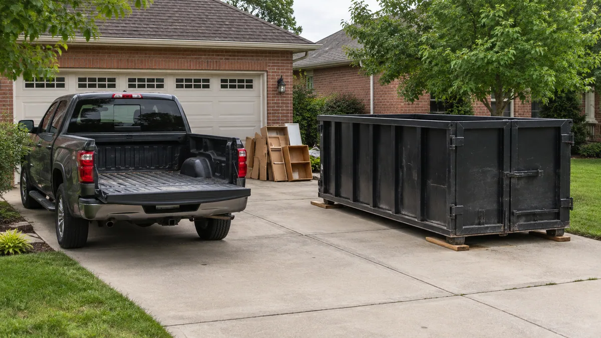 AI illustration of an empty pickup truck beside a separate black rental bin on a driveway
