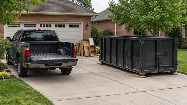 AI illustration of an empty pickup truck beside a separate black rental bin on a driveway