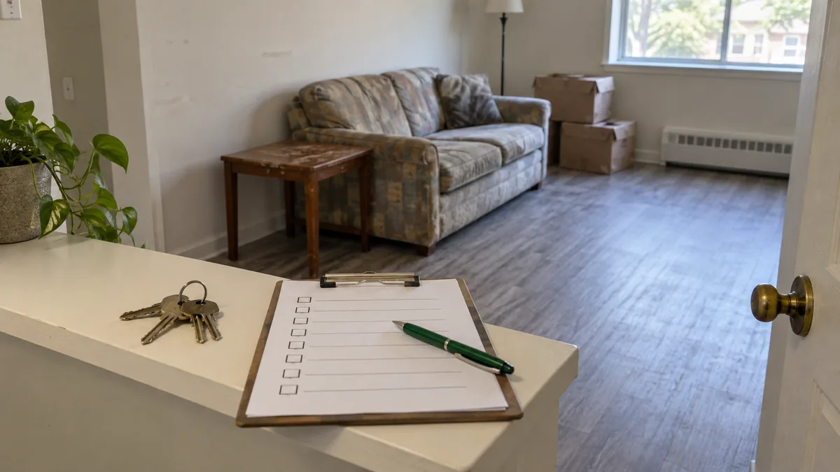 AI illustration of keys and a checklist beside worn items in a rental property
