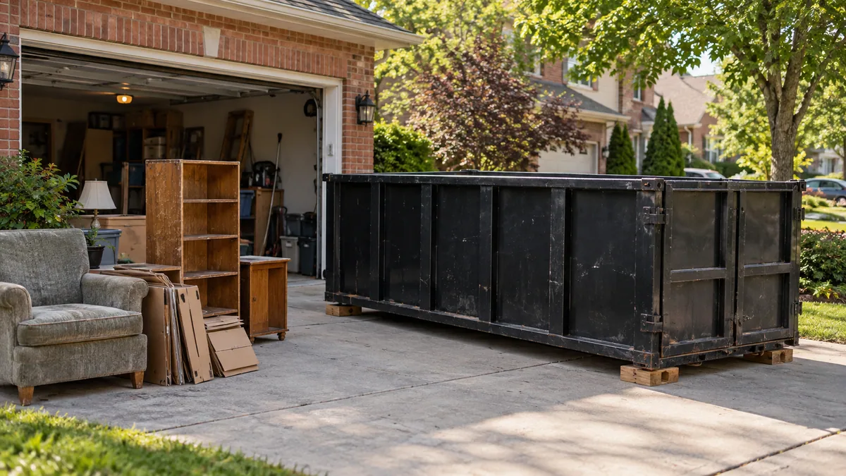 AI illustration of a black rental bin beside worn furniture and cardboard outside a garage