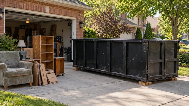 AI illustration of a black rental bin beside worn furniture and cardboard outside a garage